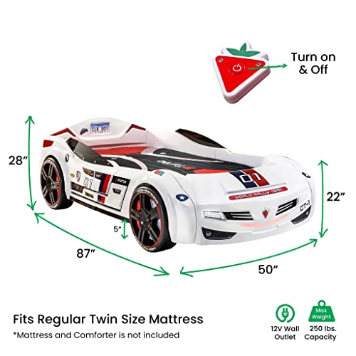 BiTurbo Twin Kids Race Car Bed Frame For Boys at age 2 to 12, Remote Controlled, LED Headlights, Engine Sound, License Plate, Black