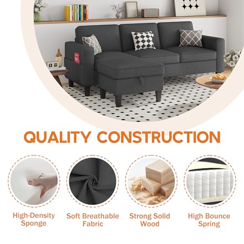 Convertible Sectional Sofa Couch, Beige 3 Seat L-Shaped Sectional Sofa with Storage Ottoman and Pockets, Modern Linen Fabric Upholstered Sofa Furniture Set for Living Room Small Space Bedroom