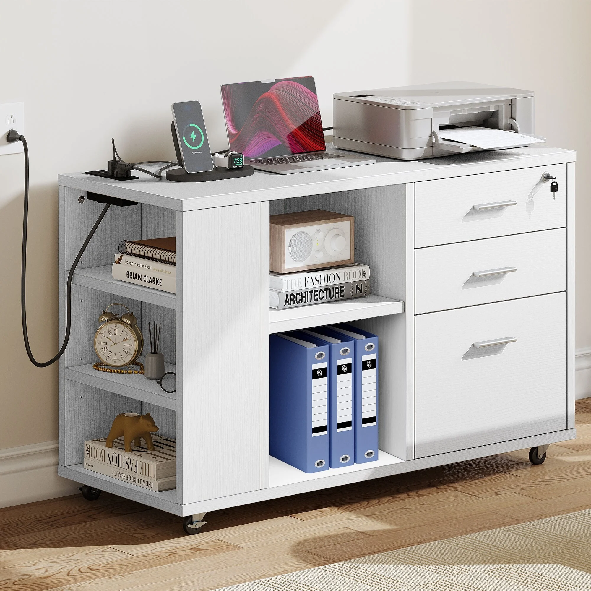 WedealFu Inc Wood File Cabinet with Charging Station Mobile Lateral Filing Cabinet Lockable Fits A4 Letter Legal Size Files White