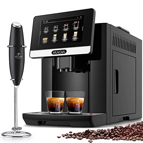 Zulay Kitchen Magia Super Automatic Espresso Machine - Espresso Coffee Maker With Grinder, Milk Frother & Insulated Milk Container - Cappuccino & Latte Machine - Touch Screen, 19 Recipes, Black/Silver