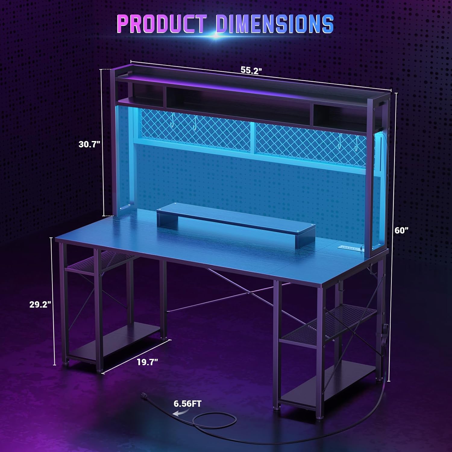 Gaming Desk with Hutch - 55 Inch Computer Desk with LED Lights & Power Outlet, Home Office Writing Desk with Storage Shelf and Monitor Stand, Black