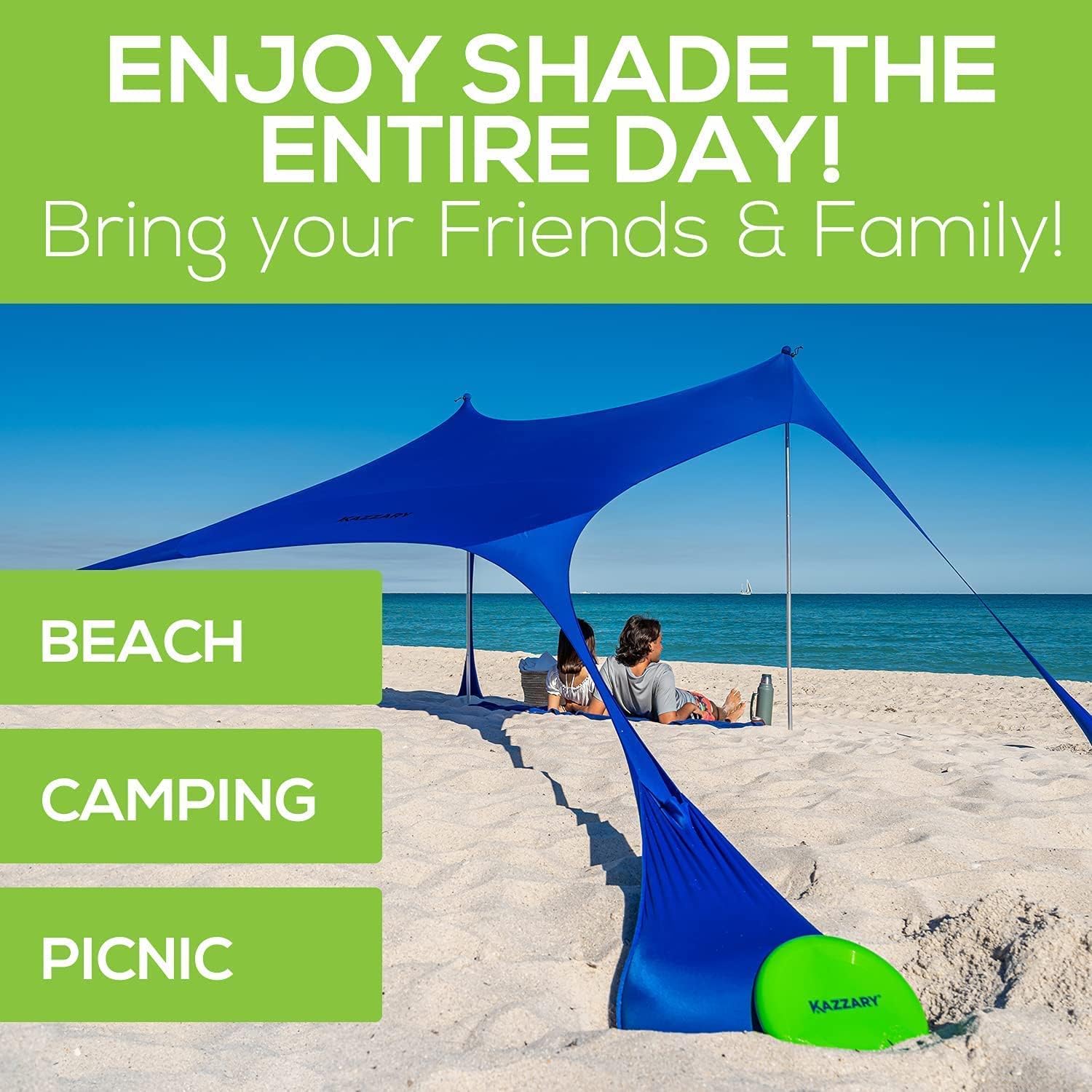 KAZZARY Beach Tent Pop Up Canopy Sun Shelter UPF50+ Lightweight Outdoor Shade with Frisbee Shovel, Ground Pegs and Stability Poles, Portable Set For Family Fun Trips (7.2 X 8.2 FT 4 Pole, Bright Blue)