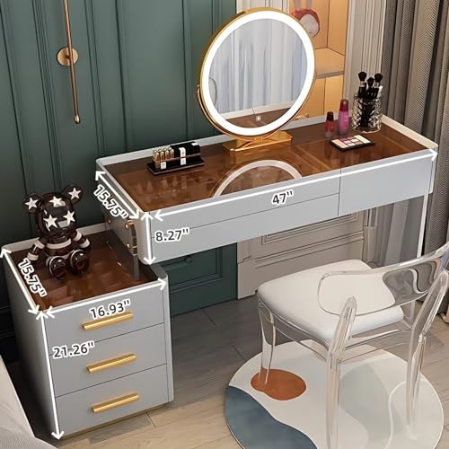 Acrylic Makeup Vanity - Solid Wood Vanity Desk with Smart LED Lights Mirror & Acrylic Chair, Luxury Bedroom Vanity Table Include 6 Drawers and Tempered Glass Desktop (White,31.5'')