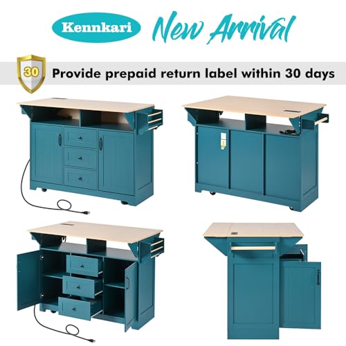 Rolling Kitchen Island with 2 Drop Leaf and Power Outlet, Island Table on Wheels with Towel Rack and Spice Rack, Kitchen Cart with Storage Cabinet and Drawers (White)