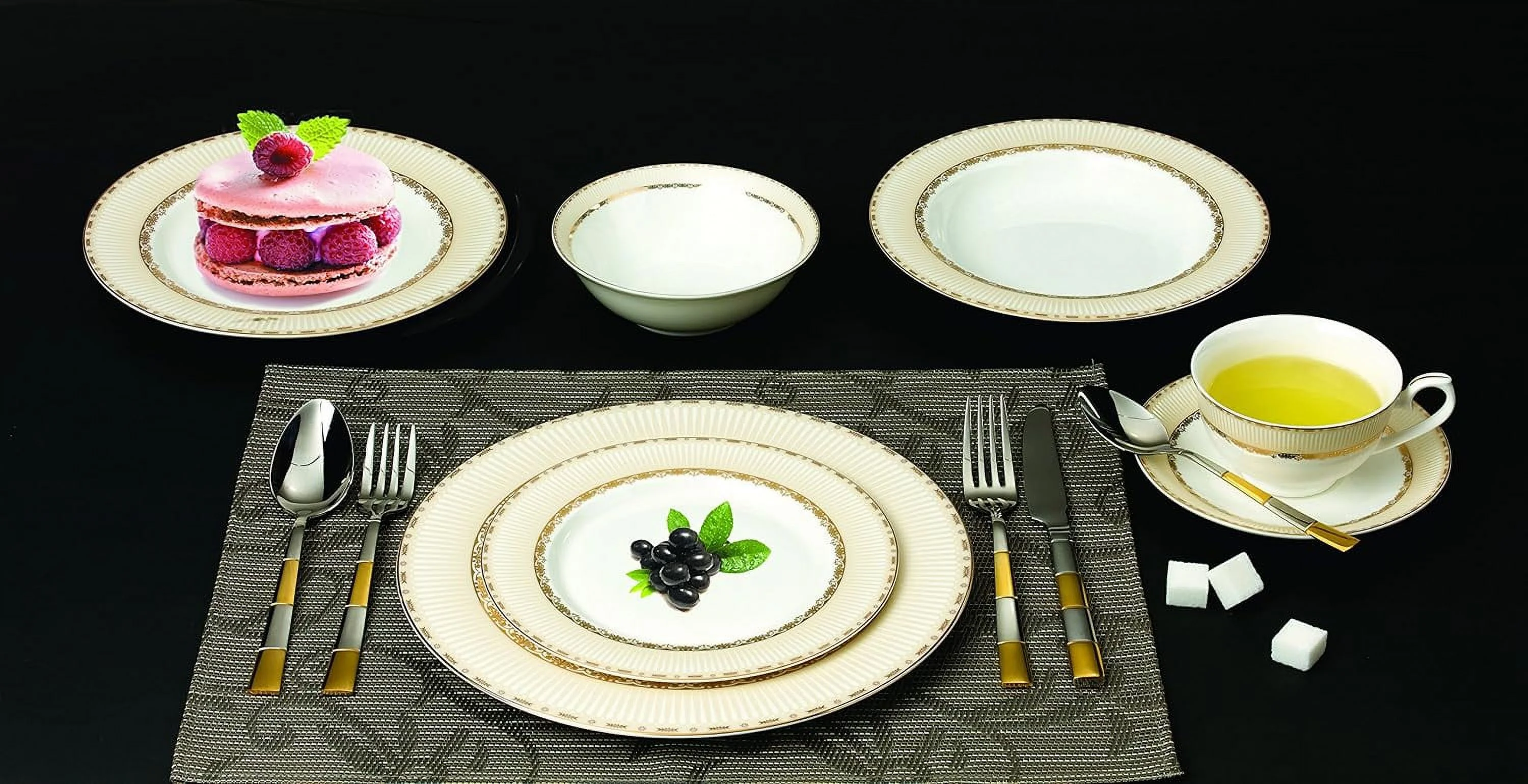 57 Piece China Service For 8 Margaret Dinnerware Sets, Gold