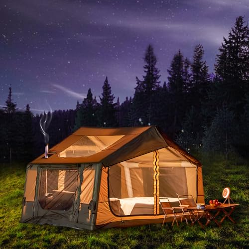 YOLENY Inflatable Tents for Camping, 4/6/8/10/12 Person Tent with TPU Skylight, Mesh Windows, Stove Jack & Pump, Easy Setup 4 Season Glamping Tent, Waterproof & Windproof