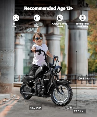 ELEMARA Electric Dirt Bike, 15 mph & 150lb Max, 24V Ride on Toy for Big Kids w/LED Lights & Power Display, Chain-Driven Motor, Twist-Grip Throttle, Shock Springs, Handbrake, 12" Air-Filled Tires-Black