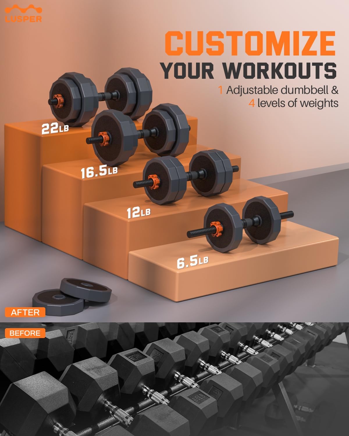 Lusper Weight Bench & Lusper Adjustable Weights Dumbbells Set, 44LB Free Weights with 3 Modes, Mutiweight Dumbbell/Barbell/Kettlebell with Connector
