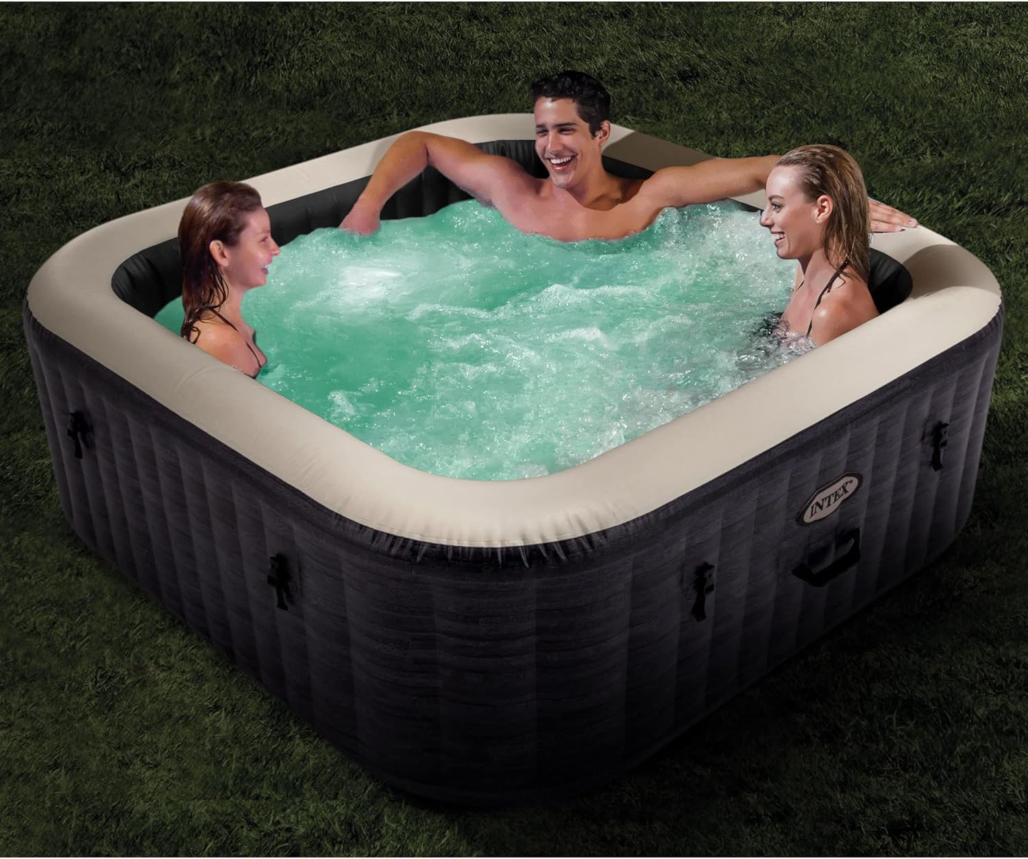 Intex PureSpa Plus Greystone Inflatable Square Outdoor Hot Tub Spa, 83x28" and Tray Attachment Accessory for Mobile Tablet Phones with LED Light Strip