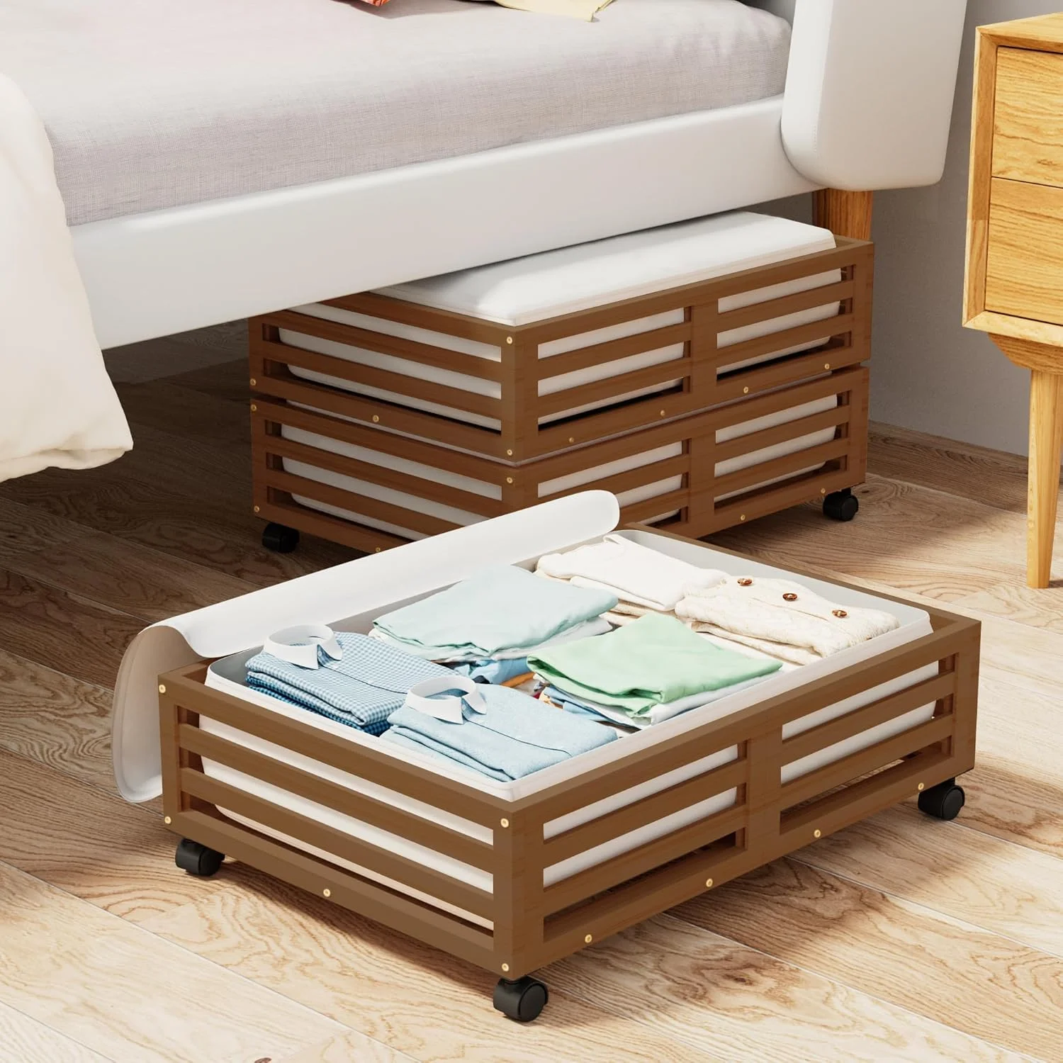 Bamboo Under Bed Storage Containers- Underbed Organizer with Wheels with Large Capacity Dust Bag,Sturdy Wood Rolling Under Bed Shoe Storage Organizer 2 Packs (Walnut, 2 Packs (33.07×16.54))