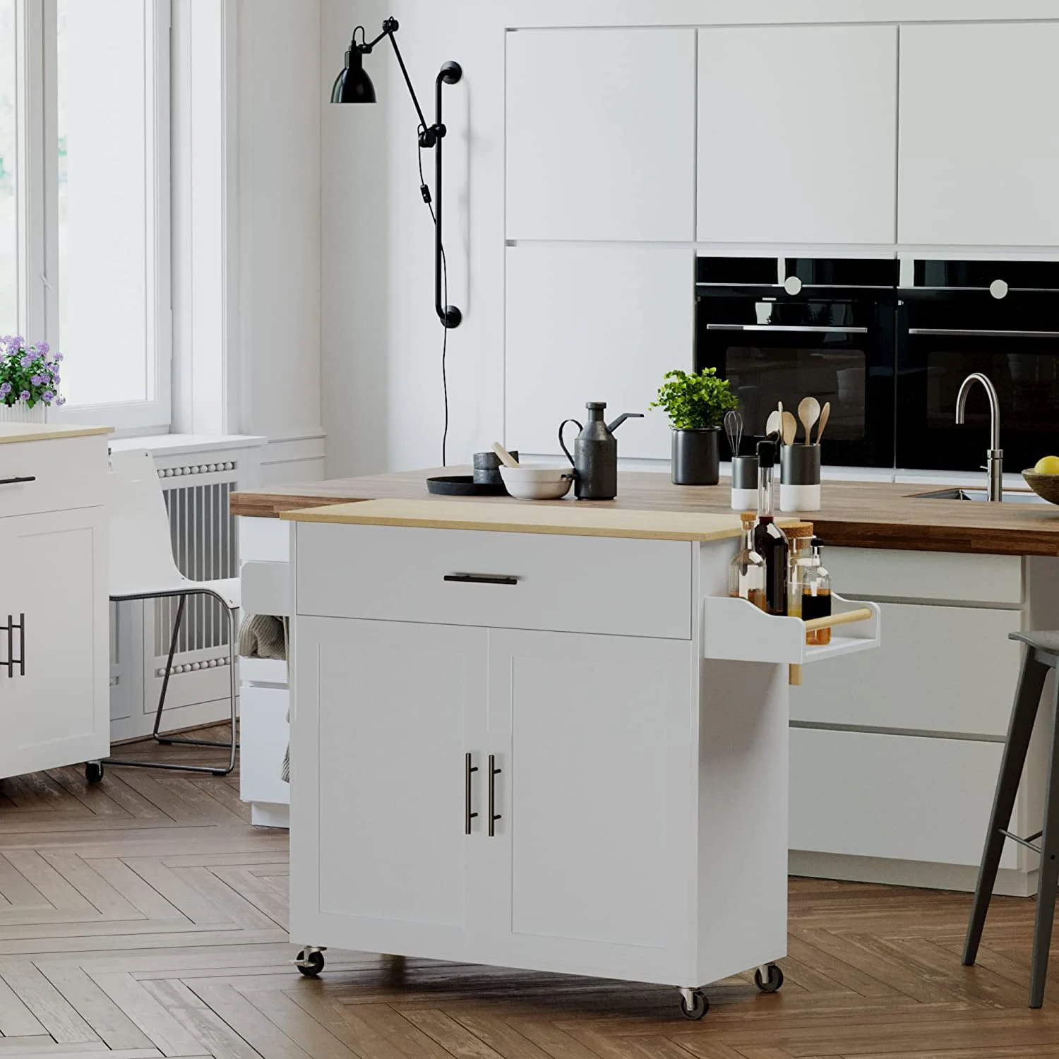 IRONCK Rolling Kitchen Island with Storage, with Storage Cabinet, Drawer, Spice Rack, Towel Rack, Kitchen Cart Table for Kitchen, White