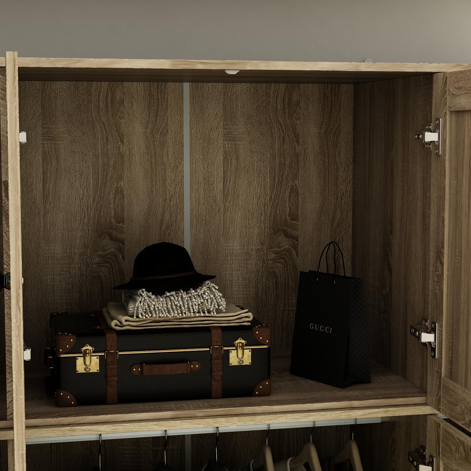 Homsee 8 Door Wardrobe Armoire Closet, Bedroom Cabinet Armoire with Rattan Doors, 5 Drawers, 2 Hanging Bars, Top Cabinets & Shelves, Light Brown