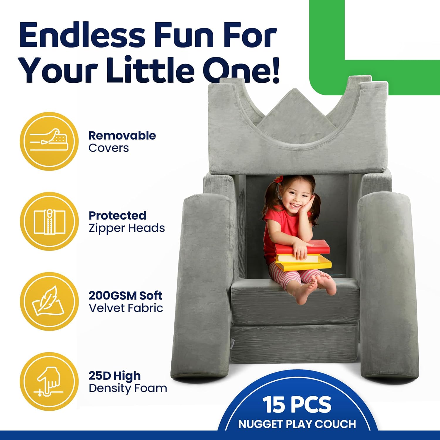 Modular Kids Play Couch - 15 Pieces Buildable Plush Play Couch Panels with Ball Pit Square, Backrests - Kids Sofa Couch Furniture for Ages 5-12, Kids Couch for Playroom, Bedroom, Classroom