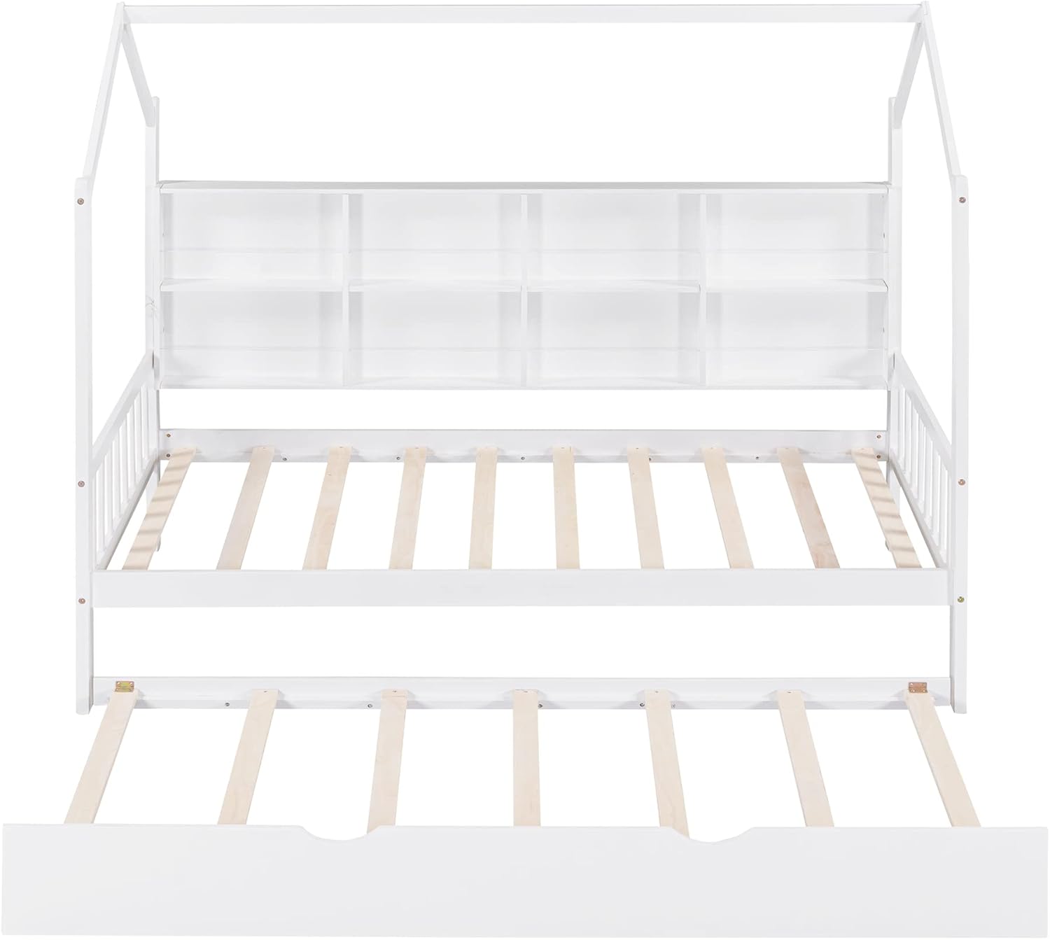 Merax Twin Size Platform Bed with Trundle, Wooden Twin Size House Bed Frame with Storage Shelf, No Box Springs Needed, White