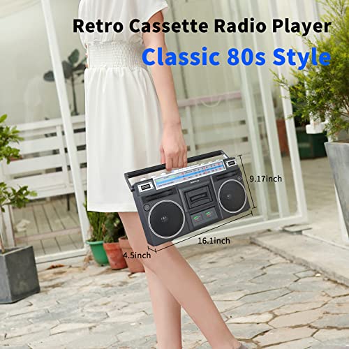 Audiocrazy Retro Boombox Cassette Player AM/FM Shortwave Radio, Portable Cassette Tape Player Recorder, Wireless Streaming, USB/Micro SD Slots Guitar/Aux in, Convert Cassettes to USB Classic 80s Style