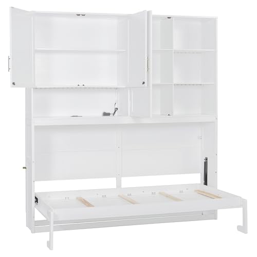 SOFTSEA Twin Murphy Bed with Storage Bookcase and Shelves, Horizontal Wall Bed with LED Light & Charging Stations, Space-Saving for Living Room, Guest Room, Bedroom, Office, Grey