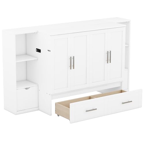 Full Size Murphy Wall Bed With Storage and Bookcase Headboard, Solid Wood Cabinets With Shelves, Drawers and USB Ports, Multi-Function Platform for Home Office, Guest Room - White