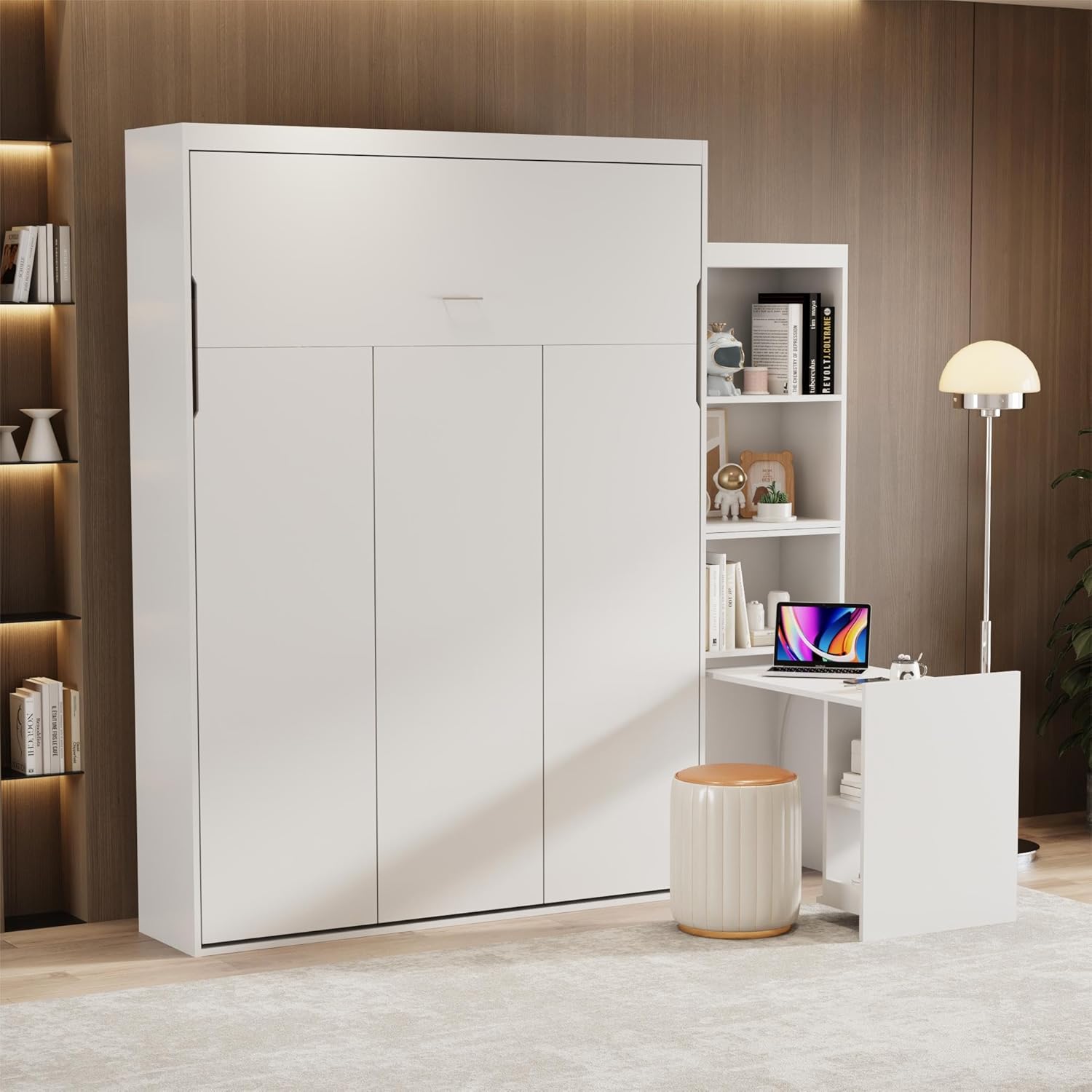 Queen Size Vertical Murphy Bed with Desk, Shelf and Drawers, Modern Folding Hidden Bed Gas Struts, Wall Bed for Bedroom or Guestroom, White