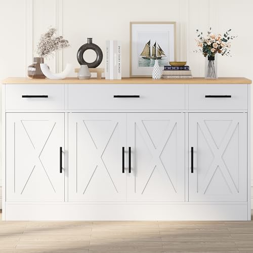 Shintenchi Buffet Cabinet with Storage,53.4" Large Kitchen Storage Cabinet with 3 Drawers and 4 Doors,Wood Farmhouse Buffet Sideboard with Adjustable Shelf for Kitchen Living Room,White