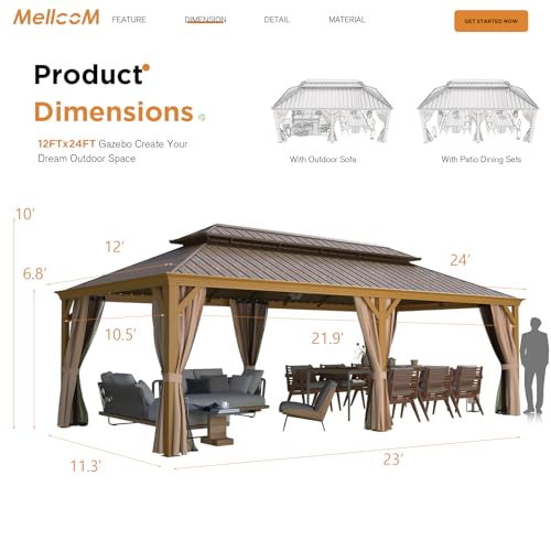 MELLCOM 12'x16' Hardtop Gazebo, Galvanized Steel Metal Double Roof Canopy with Curtains and Netting, Brown Permanent Pavilion Gazebos with Aluminum Frame for Garden, Patio, Lawns, Deck