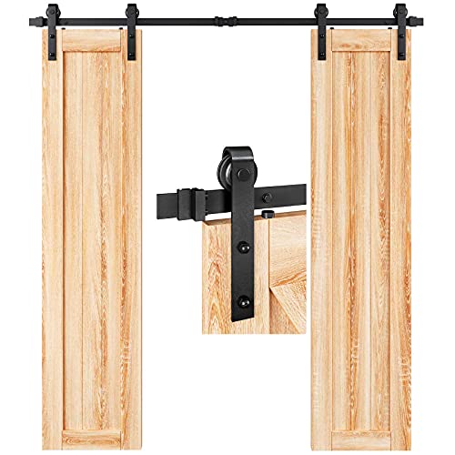EaseLife 14 FT Double Door Sliding Barn Door Hardware Track Kit,Basic J Pulley,Heavy Duty,Slide Smoothly Quietly,Easy Install (14FT Track Kit for Double 42" Wide Door)