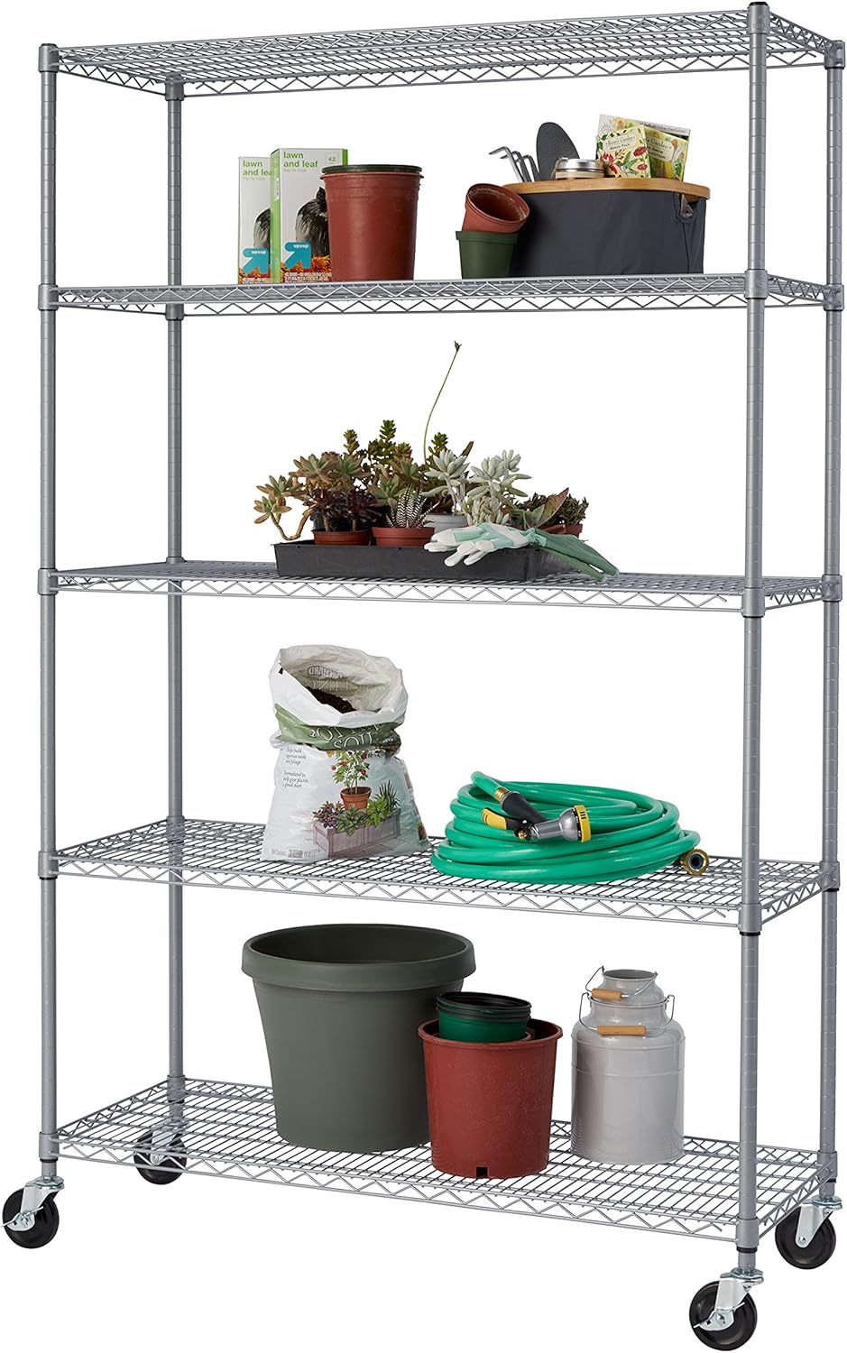 TRINITY EcoStorage Heavy Duty 5-Tier Adjustable Wire Shelving with Wheels for Outdoor Use, Garage Storage and More, NSF Certified, 800-4000 Lb Capacity, Gray, 48" W X 18" D X 72-77" H
