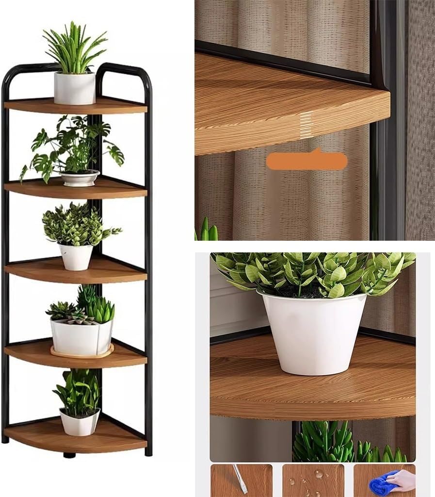 5 Tier Wood Plant Stand, Indoor Corner Metal Flower Rack, Multiple Flower Pot Holder Organizer for Home Garden Patio Bathroom Office Living Room Balcony
