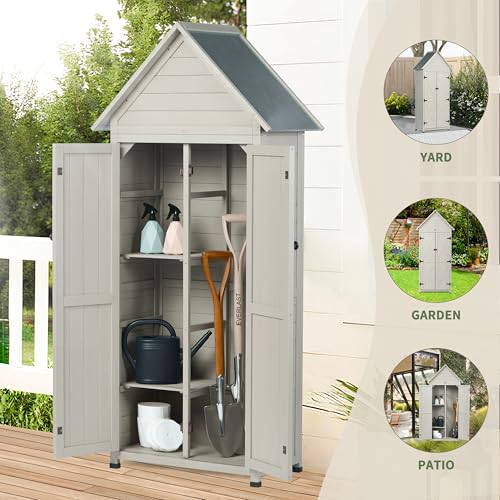 Outdoor Storage Shed with Floor & Adjustable Shelves, Wooden Garden Tool Cabinet Weatherproof, 71" Vertical Patio Organizer