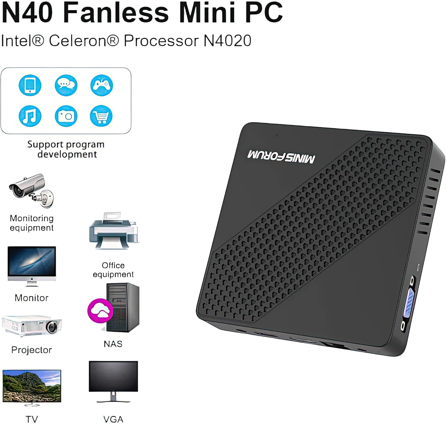 MINISFORUM N40 Mini PC Fanless Silent Desktop Computer 4GB RAM, 64GB eMMC Micro PC, Celeron N4020 up to 2.8GHz, 1000M LAN, HDMI&VGA, Support Auto Power On Mini Computer