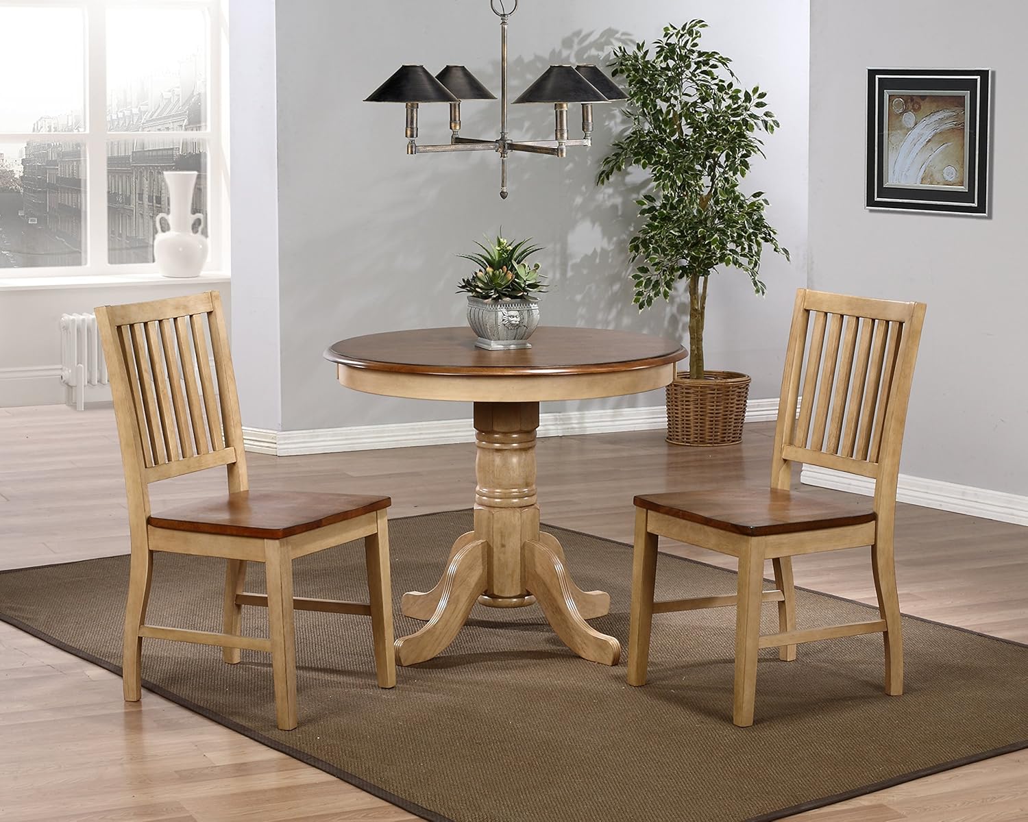 Sunset Trading Brook Round Pedestal Dining Table, Distressed Two Tone Light Creamy Wheat with Warm Pecan Brown