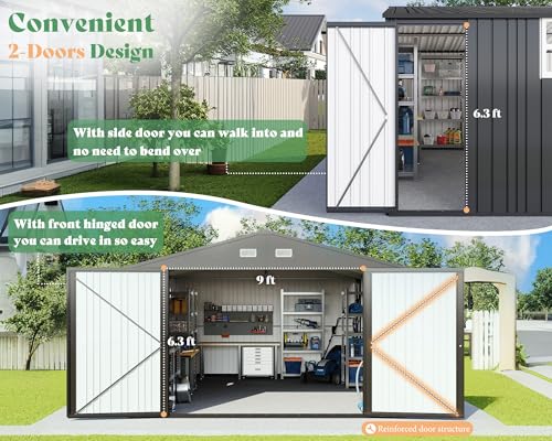 AMERLIFE 13.2x21x8 FT Outdoor Metal Garage Shed, Extra Large Storage Shed with Double Hinged Doors, 4 Windows, Carport for Car, Truck, Motorcycle and Lawn Equipment, Dark Grey