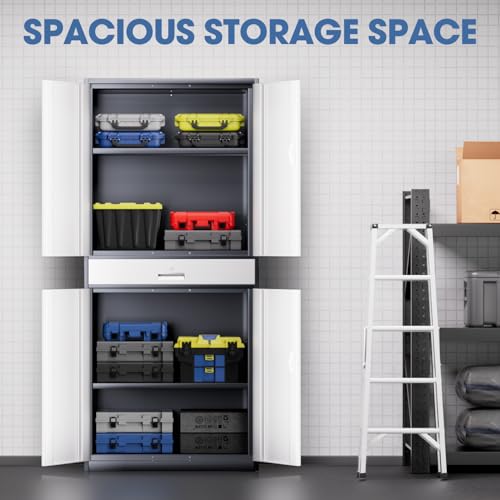DNA MOTORING 71'' Metal Storage Cabinet, Locking Tool Cabinet with 1 Drawer and Adjustable Shelves, Lockable Heavy Duty Metal Locker for Garage,Office,Home,Gym, Gray, TOOLS-00629-GY-GY-A