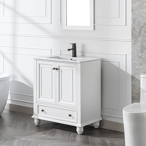 eclife 30" Bathroom Vanity Sink Combo Vintage Style with Painted Solid Wood Construction, Undermount Ceramic Sink W/Matte Black Faucet & Drain, Pure White