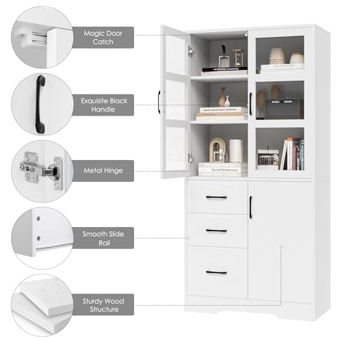 HIFIT 2 Pack Tall Bookshelves and Bookcases with Glass Display Cabinet Doors and 3 Drawers, Floor Standing Wood Storage Cabinet with Shelves, Modern Cabinet for Home Office, Living Room, Study, Black