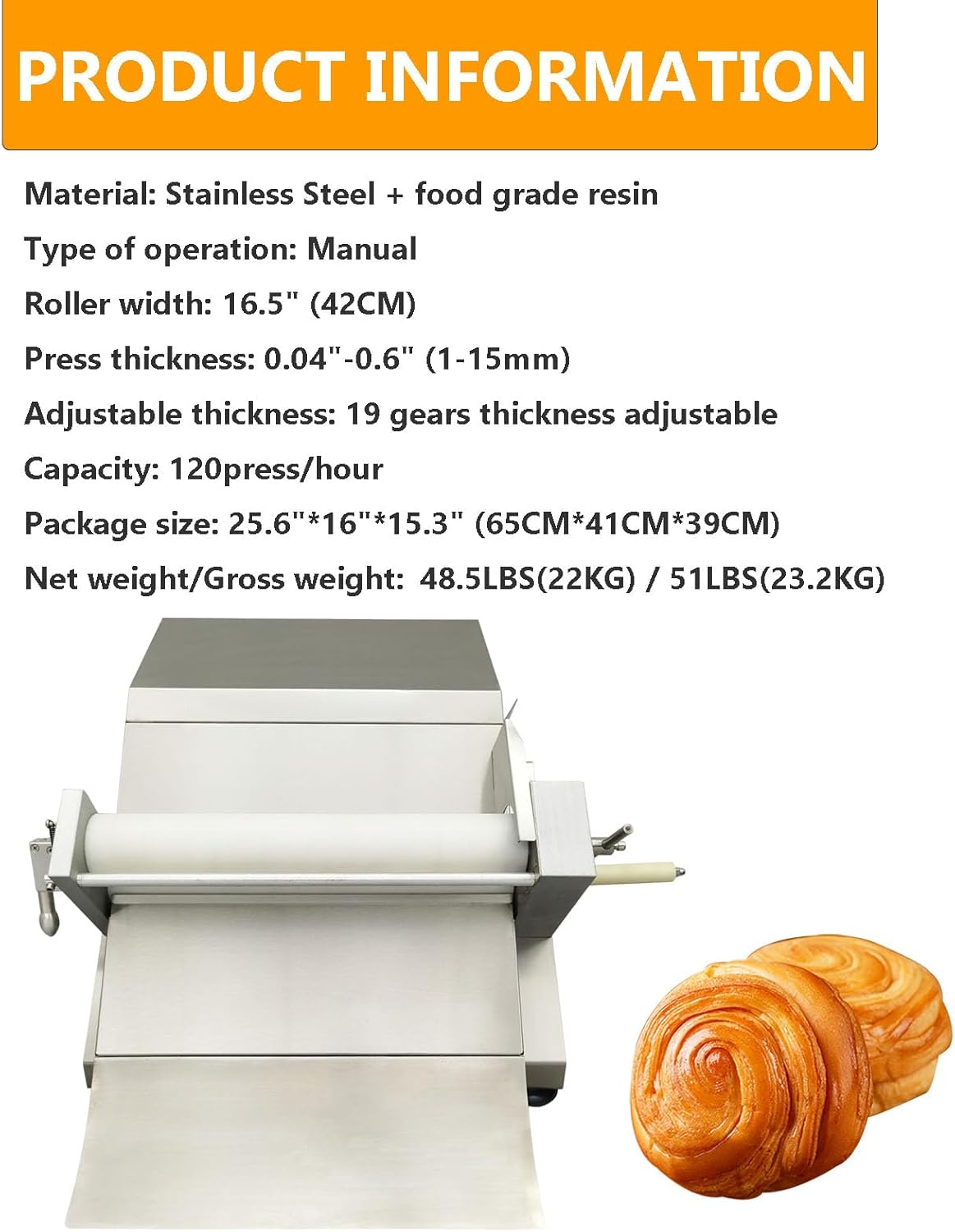 Manual Dough Roller Sheeter 16.5" Dough Press Machine Stainless Steel Pastry Pasta Maker Non-Stick Rollers with 19 Gears Thickness Control for Icing Fondant Croissants Pizza and Puff Pastry