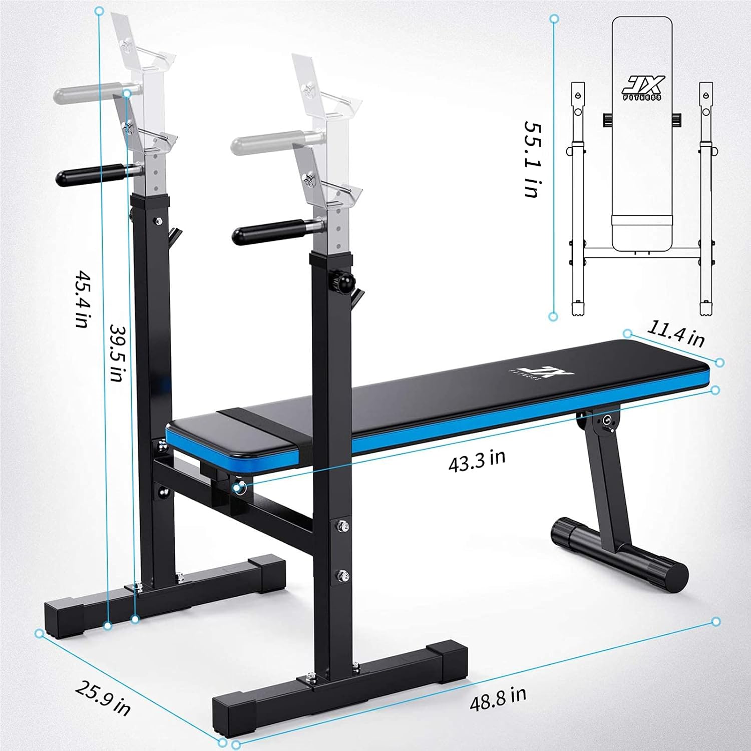 JX FITNESS Adjustable Weight Bench with Barbell Rack Folding, Weight Lifting Bench with Dip Station for Home Gym, Strength Training Multiuse Workout Bench