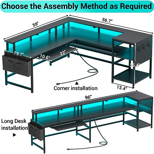 SEDETA L Shaped Gaming Desk, Convertible 96" Home Office Desk or Corner Desk, L Shaped Desk with Power Outlets & LED Strip, Monitor Stand, Keyboard Tray, Pegboard and Storage Shelves, Grey