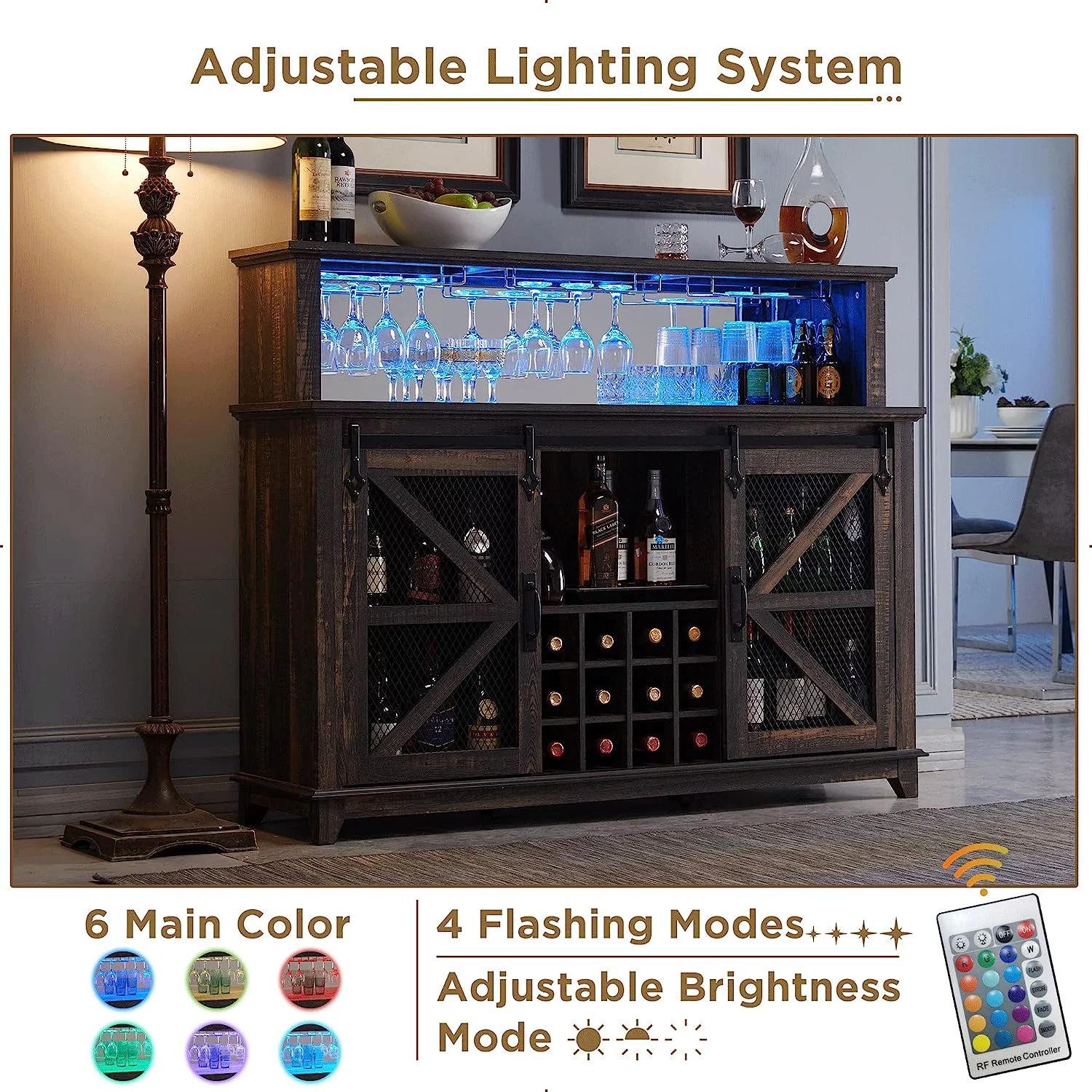 OKD Farmhouse Coffee Bar Cabinet With Racks & LED Light, 55" Double Barn Door Buffet Sideboard Kitchen with Adjustable Shelves(Dark Rustic Oak)