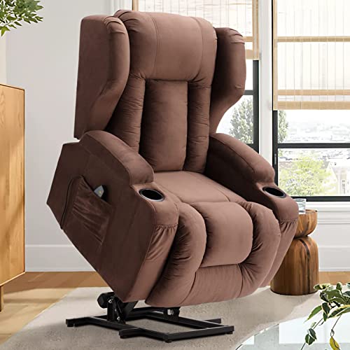 Big Lift Chairs Recliners for Elderly with Massage and Heating, Overstuffed Power Lift Recliner Chair, PU Leather Lazy Sofa Chairs for Living Room, 2 Remote Control/USB Port/Cup Holders