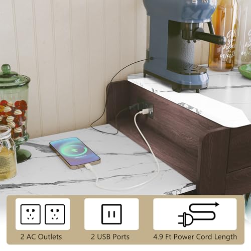 HLR Extendable Kitchen Island on Wheels, Rolling Kitchen Island Cart with Power Outlet, Marble Grain Top Kitchen Island Table with Storage Cabinet and Drawers, Island Table for Kitchen