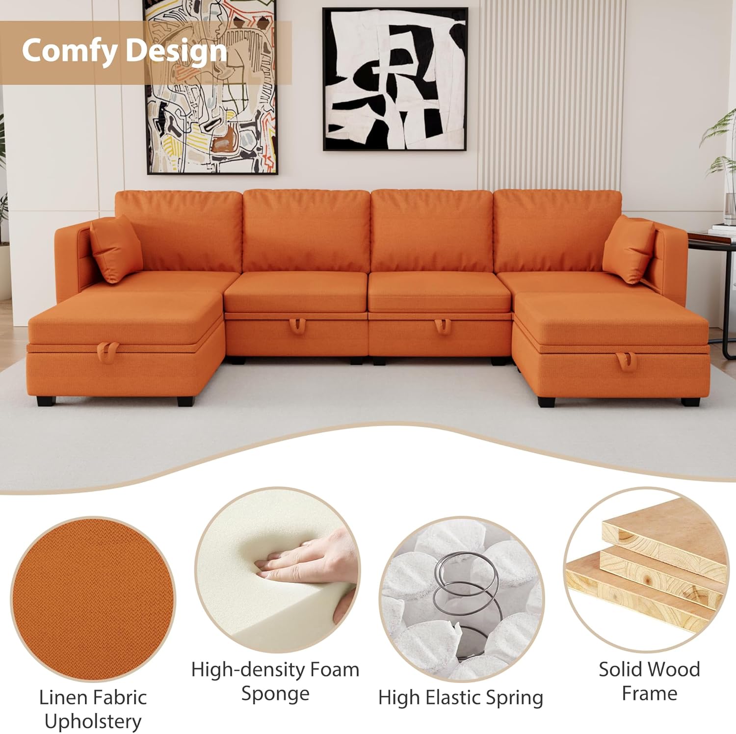 110.2" U Shaped Sectional Sofa Couch, Convertible Modular Sectional Sofa 6 Seat Oversized Modern Fabric Couch with Storage Seat for Living Room Apartment Office (Orange)