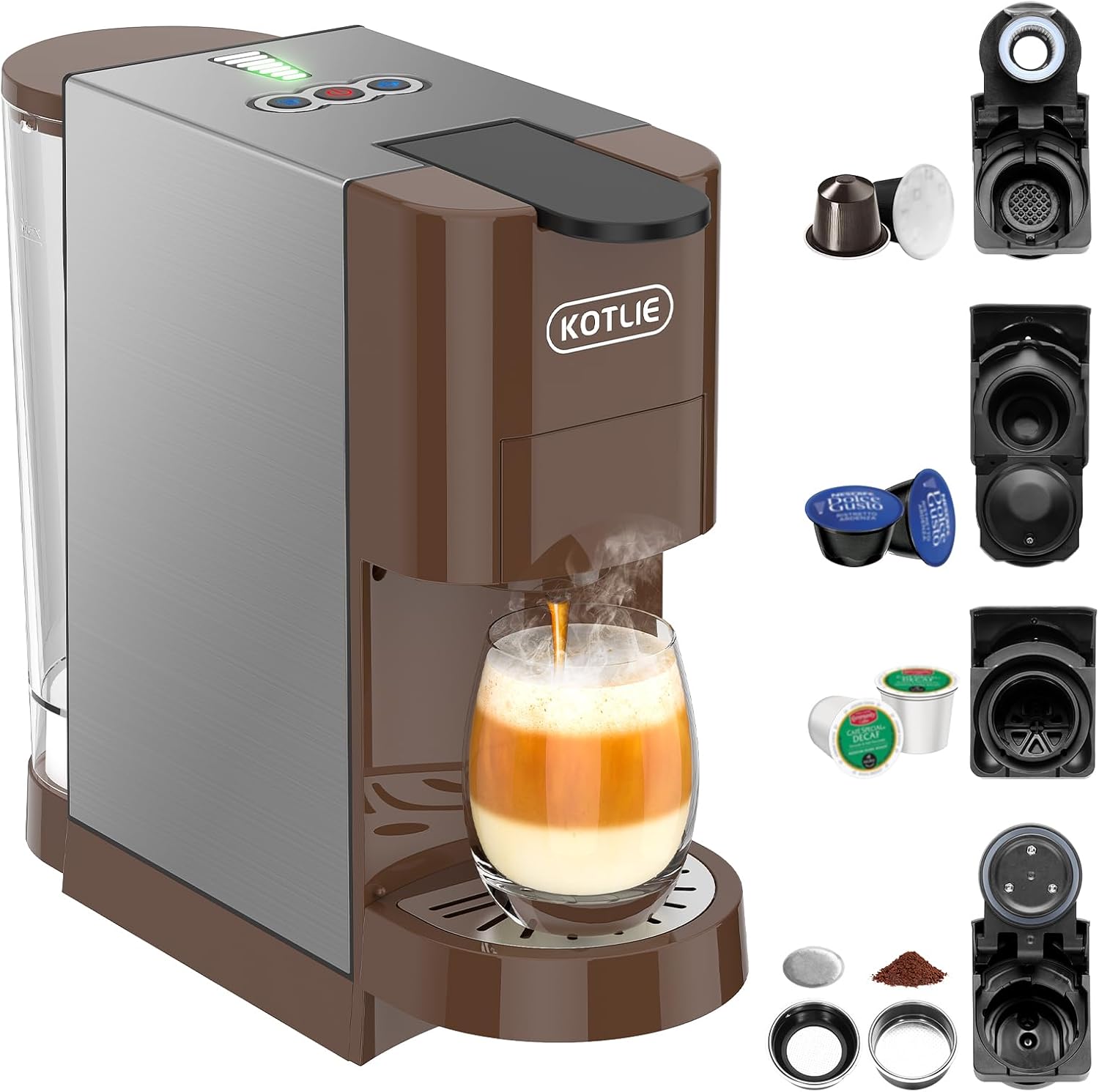 KOTLIE Multifunctional 5in1 Espresso Machine, 19Bar Pressure Single Serve Coffee Maker for Nespresso Original/Dolce Gusto/K cup/Ground Coffee/illy 44mm ESE, Cold&Hot Brew, Level 7 watervolume