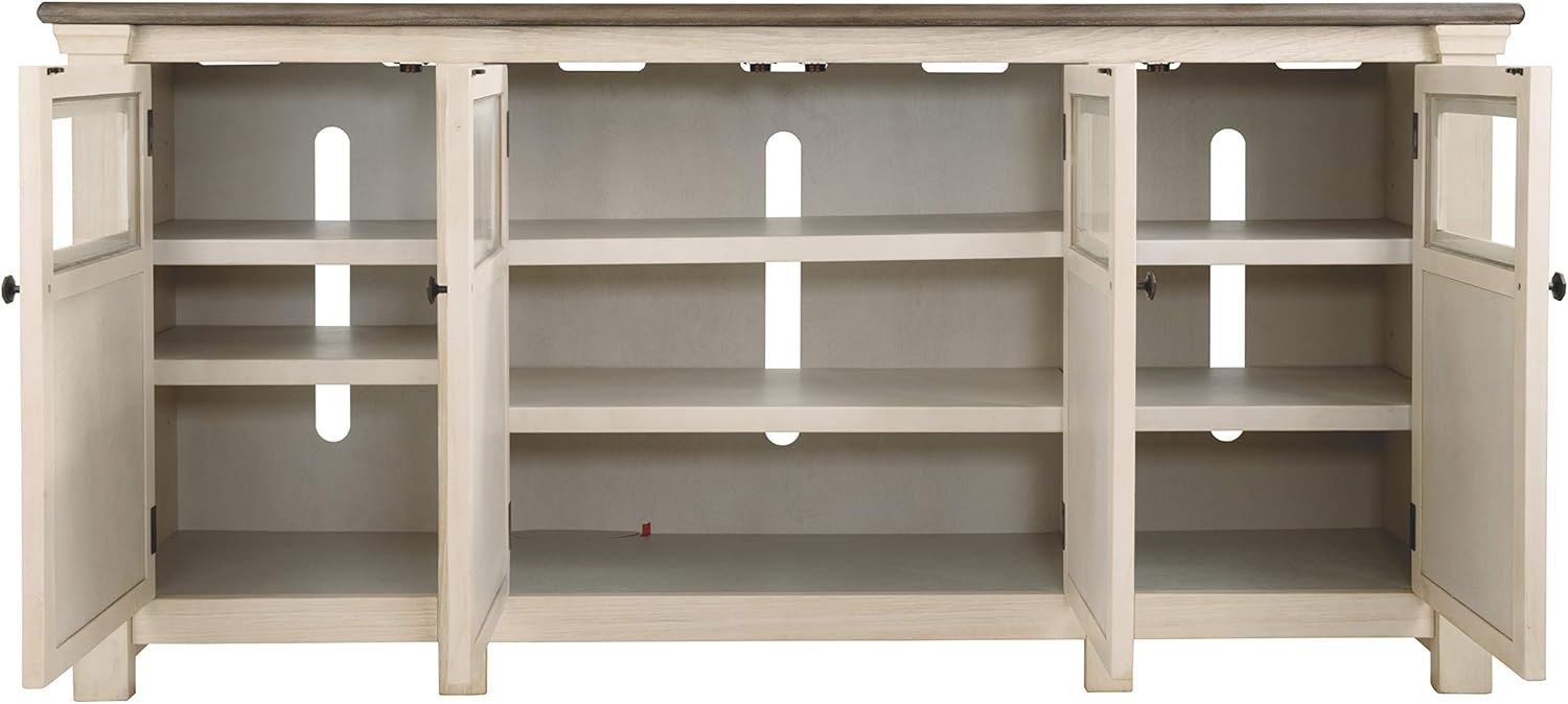 Signature Design by Ashley Bolanburg Two Tone Farmhouse TV Stand, Fits TVs up to 72, 3 Cabinets and Adjustable Storage Shelves, Whitewash