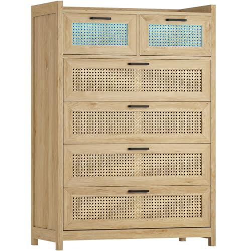 Rattan Dresser for Bedroom with LED Lights, Modern 6 Drawer Dresser with Metal Handles, Wood Storage Chest of Drawers Dresser for Closet, Bedroom, Living Room, Hallway