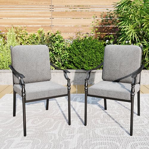 PHI VILLA 7 Pieces Outdoor Dining Set for 6, Rectangular Black Steel Dining Table with Fixed and Swivel Iron Chairs, Large Dining Furniture Set with Cushions for Patio, Deck, Porch, Backyard