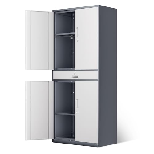 DNA MOTORING 71'' Metal Storage Cabinet, Locking Tool Cabinet with 1 Drawer and Adjustable Shelves, Lockable Heavy Duty Metal Locker for Garage,Office,Home,Gym, Gray, TOOLS-00629-GY-GY-A