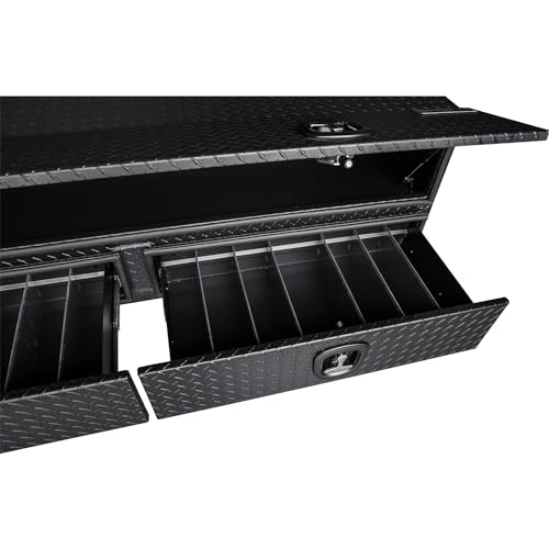 Buyers Products 1701578 Aluminum Heavy-Duty Flatbed Contractor Truck Tool Box With One Lower Door, Aluminum Diamond Tread, 21 x 18 x 72 Inch, Made In The USA, Contractor Job Box For Bed Of Truck