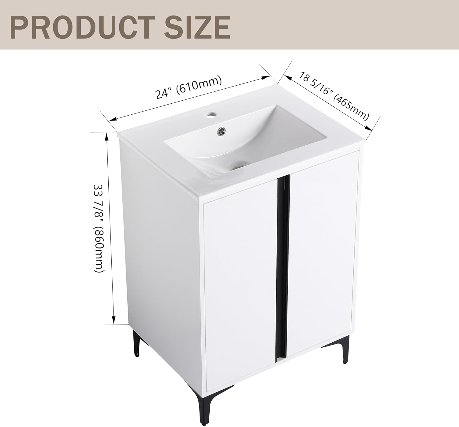 24" Bathroom Vanity with Ceramic Sink, 24 Inch Freestanding Bathroom Vanity, Single Sink Bathroom Vanity Combo, Mordern Bathroom Vanity with 2 Doors, White Floor Standing Cabinet Set