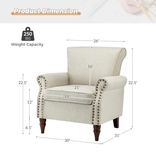HULALA HOME Modern Accent Chair with Wooden Legs & Nailhead Trim, Small Fabric Club Chair, Comfy Upholstered Armchair Lounge Chair for Bedroom Living Room Single Sofa(Ivory)