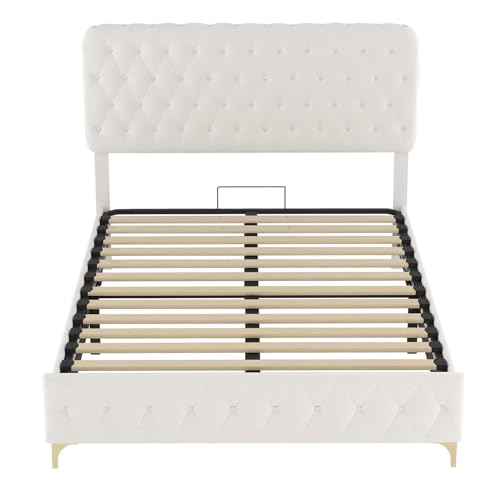 Queen Size Lift Up Bed Frame with Oversized Storage, Velvet Hydraulic Storage Platform Bed with Deep Button Tufted Adjustable Headboard for Bedroom, Grey